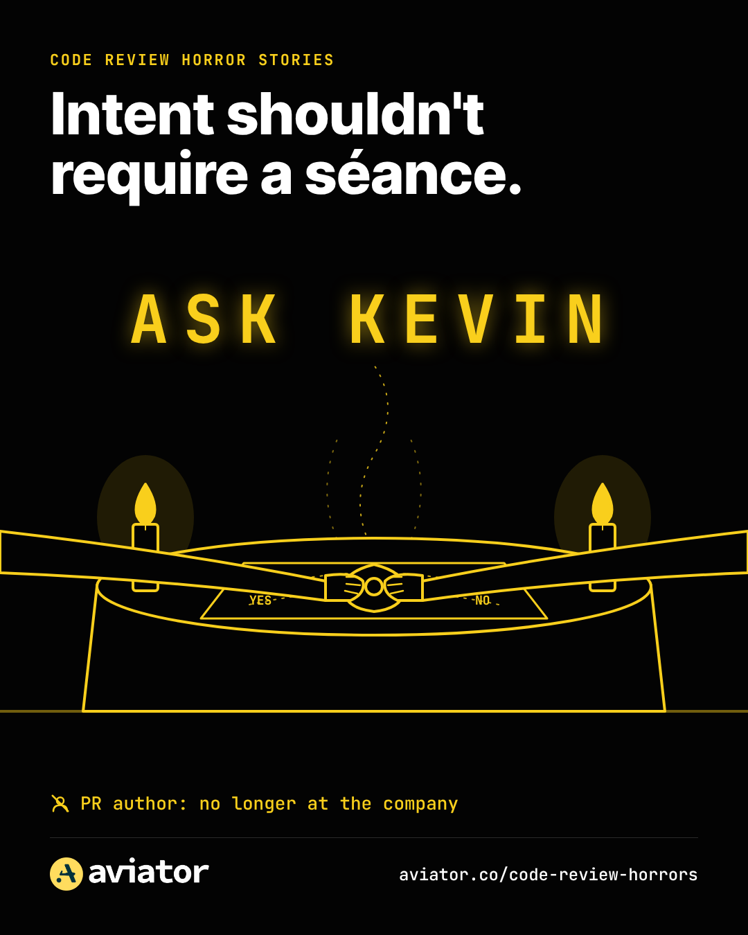 Hands on a Ouija board planchette under glowing letters that spell ASK KEVIN.